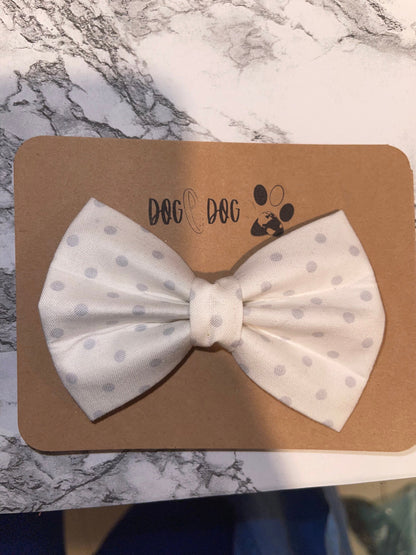 White with gray polka dots